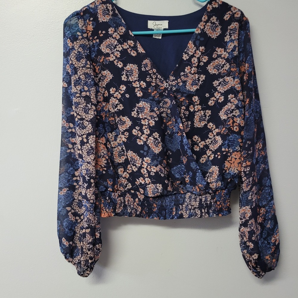 Japna Womens Navy‎ Blue Floral Surplice Blouse Smocked Waist Small Wrap Front